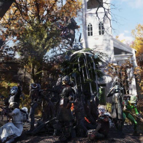 The Crew Poses by the old church in Helvetia after a Fasnacht Parade